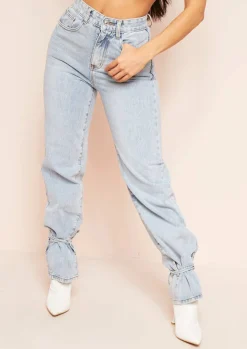 Jeans|Denim*Missy Empire Cici Denim Light Wash Tie Hem Straight Leg Jeans Pastel Blue