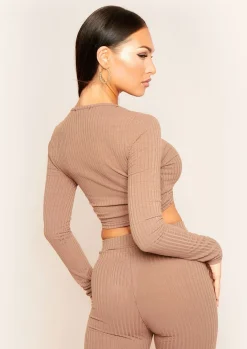 Tops|Loungewear*Missy Empire Ciera Mix & Match Ribbed Twist Front Crop Top Mocha