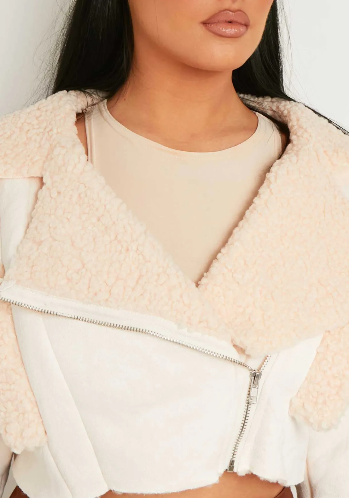 Coats & Jackets*Missy Empire Cindy Cropped Zipped Borg Coat Cream
