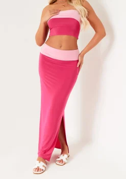 Skirts|Co-Ords*Missy Empire Claire Pink Contrast Fold Over Maxi Skirt