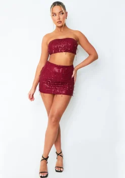 The Party Edit|Skirts*Missy Empire Cleo Wine Tassel Sequin Mini Skirt Red