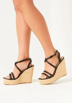 Heels*Missy Empire Codie Black Leather Strap Wedges