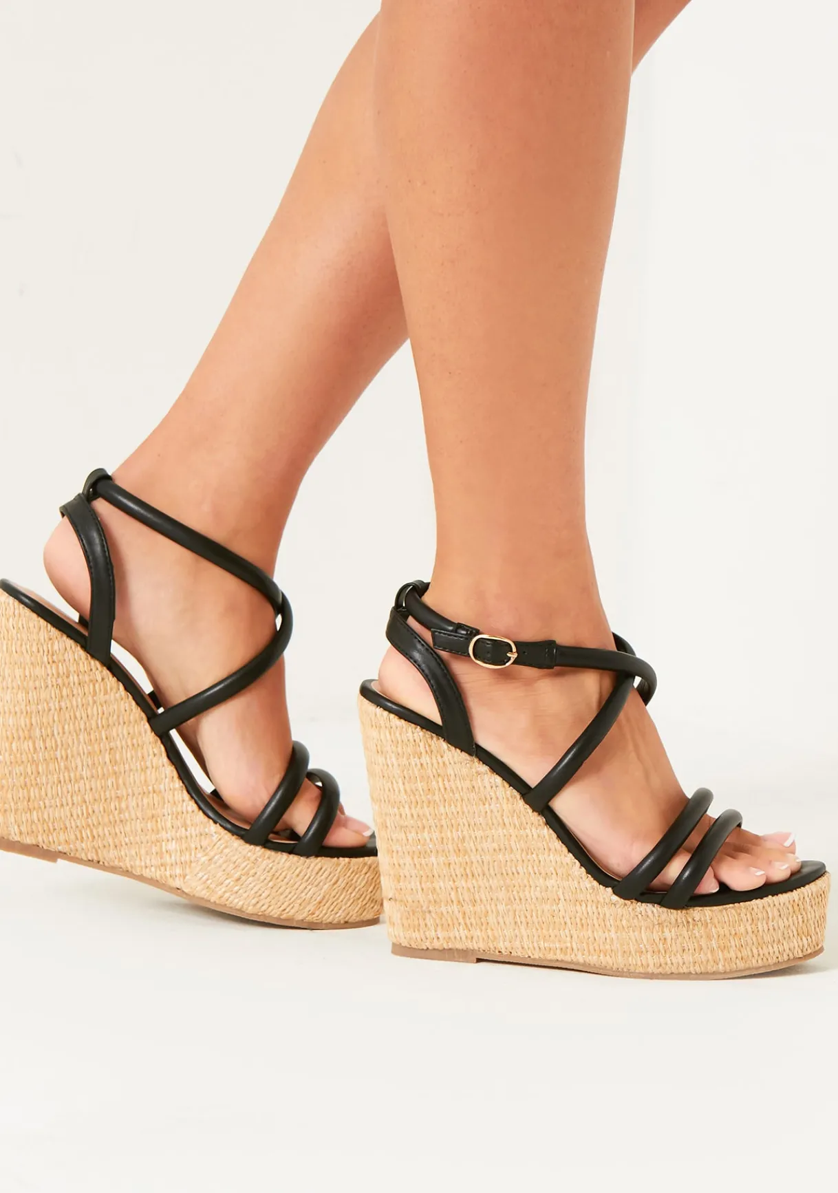 Heels*Missy Empire Codie Black Leather Strap Wedges