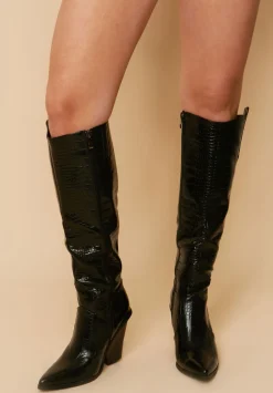 Boots*Missy Empire Colleen Black Knee High Croc Print Cow Boy Boots