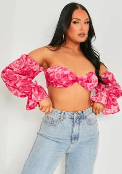 Tops*Missy Empire Colleen Pink Puff Sleeve Bardot Crop Top