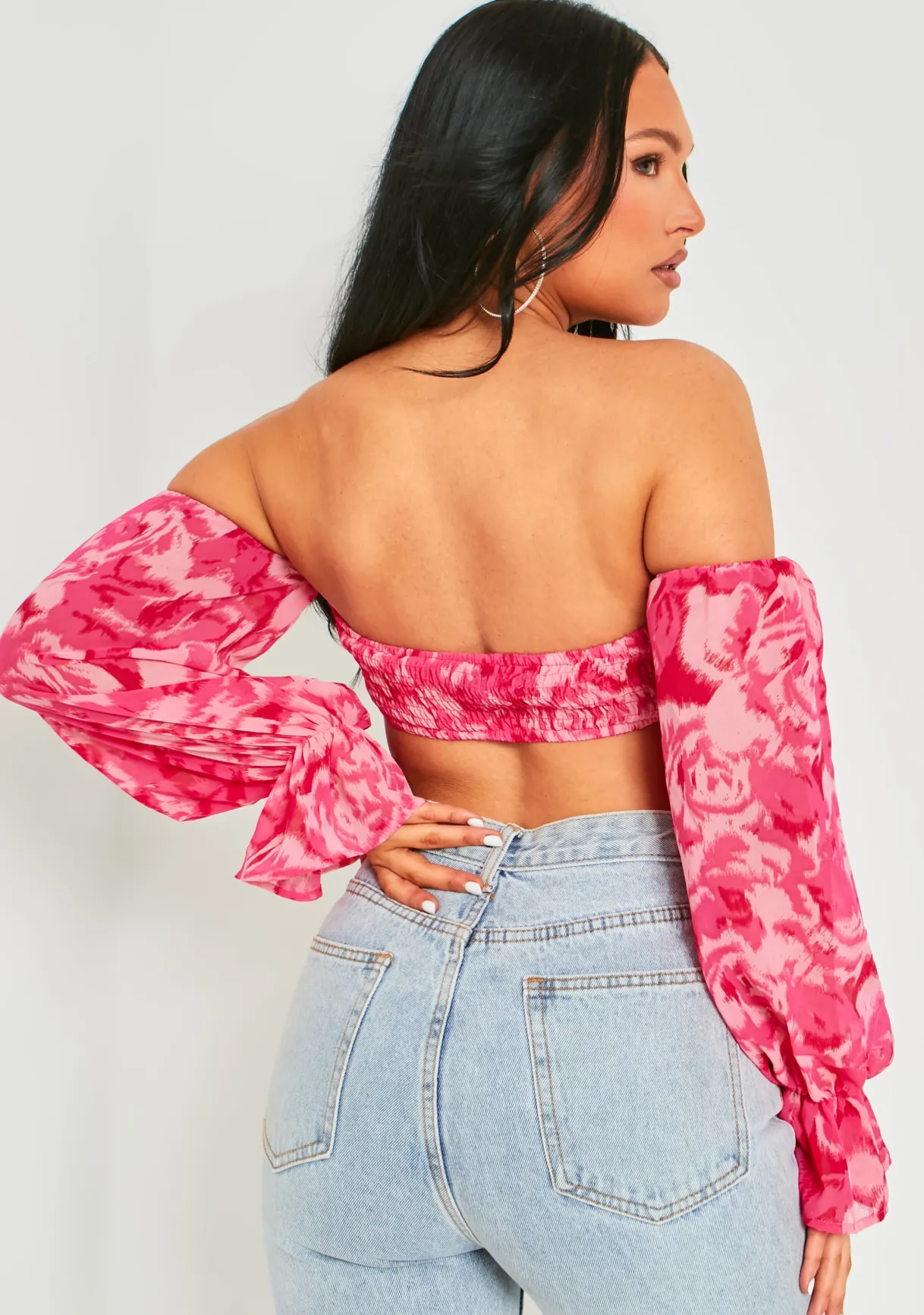 Tops*Missy Empire Colleen Pink Puff Sleeve Bardot Crop Top