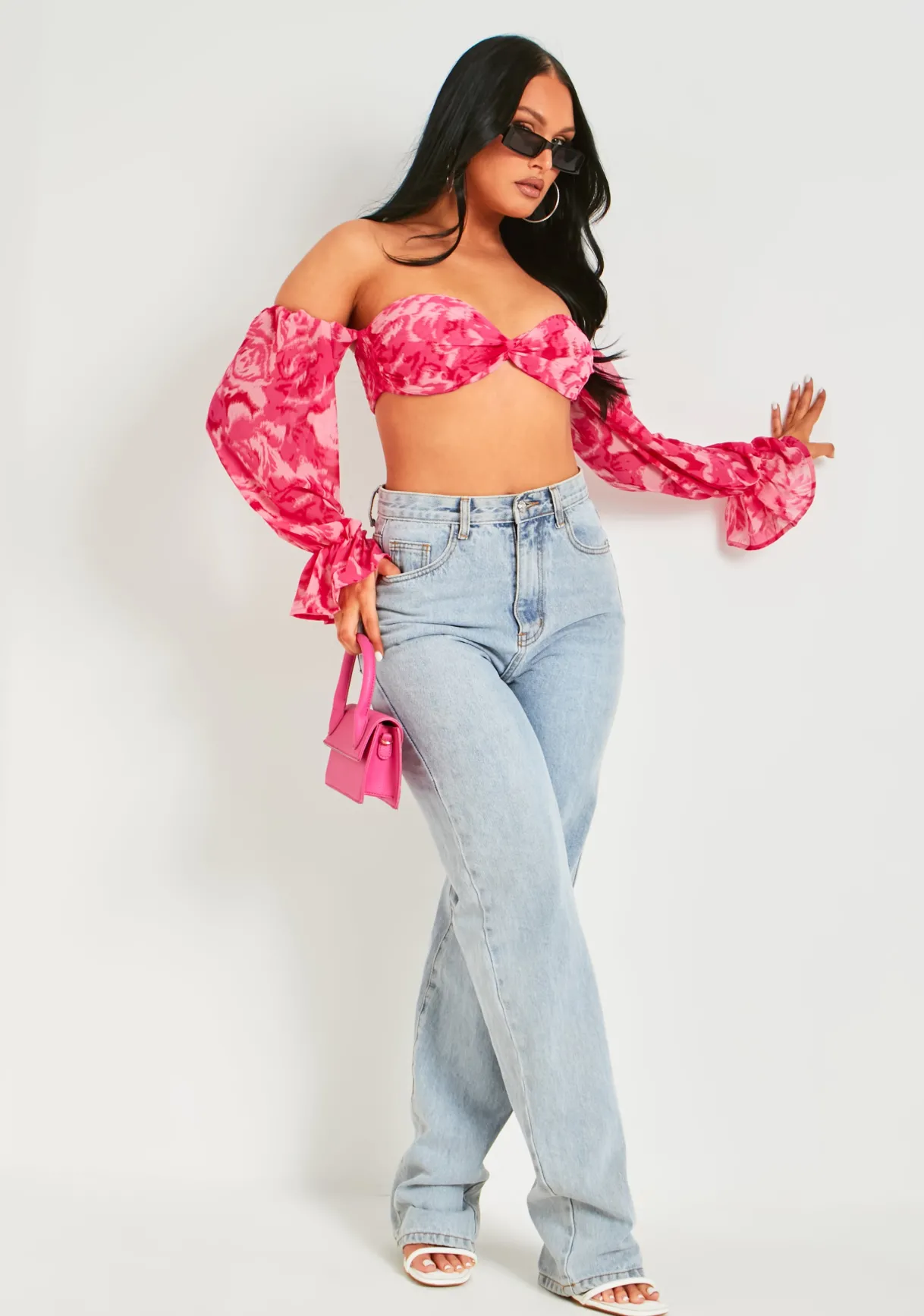 Tops*Missy Empire Colleen Pink Puff Sleeve Bardot Crop Top