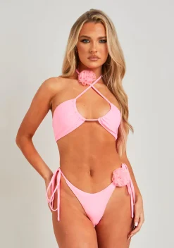 Swimwear|Beachwear*Missy Empire Connie Pink Flower Corsage Halter Neck Bikini Top