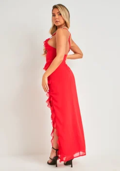 The Party Edit|Maxi Dresses*Missy Empire Cora Red Strappy Frill Maxi Dress
