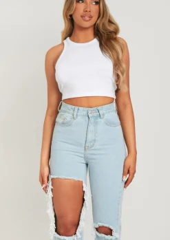 Jeans|Denim*Missy Empire Cyntoia Blue High Waisted Cut Out Ripped Denim Jeans Pastel Blue