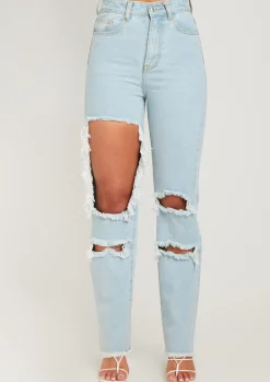 Jeans|Denim*Missy Empire Cyntoia Blue High Waisted Cut Out Ripped Denim Jeans Pastel Blue