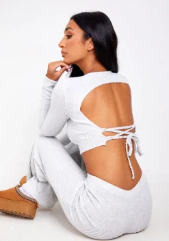 Airport Vibin'|Tops*Missy Empire Darci Light Grey Super Soft Ribbed Tie Back Top