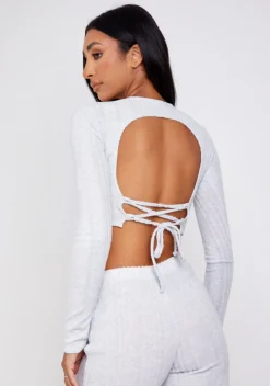 Airport Vibin'|Tops*Missy Empire Darci Light Grey Super Soft Ribbed Tie Back Top