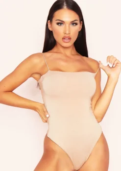 Tops|Bodysuits*Missy Empire Derri Spaghetti Strap Double Thickness Jersey Bodysuit Beige