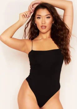 Tops|Bodysuits*Missy Empire Derri Spaghetti Strap Double Thickness Jersey Bodysuit Black