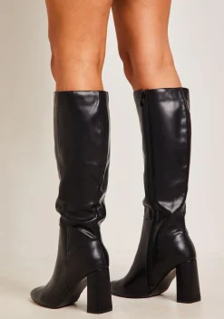 Boots*Missy Empire Devyn Knee High Heeled Leather Boots Black