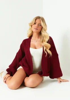 Loungewear|Knitwear*Missy Empire Devyn Wine Balloon Sleeve Cardigan Red