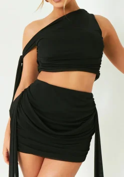 The Party Edit|Tops*Missy Empire Diana Black One Shoulder Tie Detail Mesh Crop Top