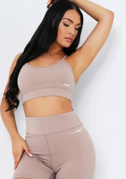 Gym Tops|Activewear*Missy Empire Eleanor Missy Sport Strappy Crop Gym Top Mocha
