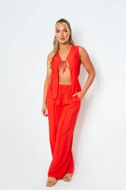 Tops|Co-Ords*Missy Empire Eleanor Orange Lace Up Front Frill Detail Halterneck Top