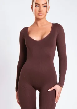 Airport Vibin'|Seamless & Shapewear*Missy Empire Eli Plunge Ribbed Seamless Long Sleeve Jumpsuit Chocolate