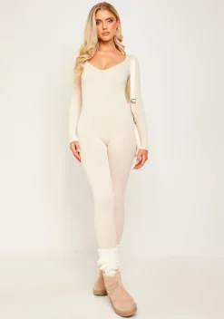 Airport Vibin'|Seamless & Shapewear*Missy Empire Eli Plunge Ribbed Seamless Long Sleeve Jumpsuit Cream