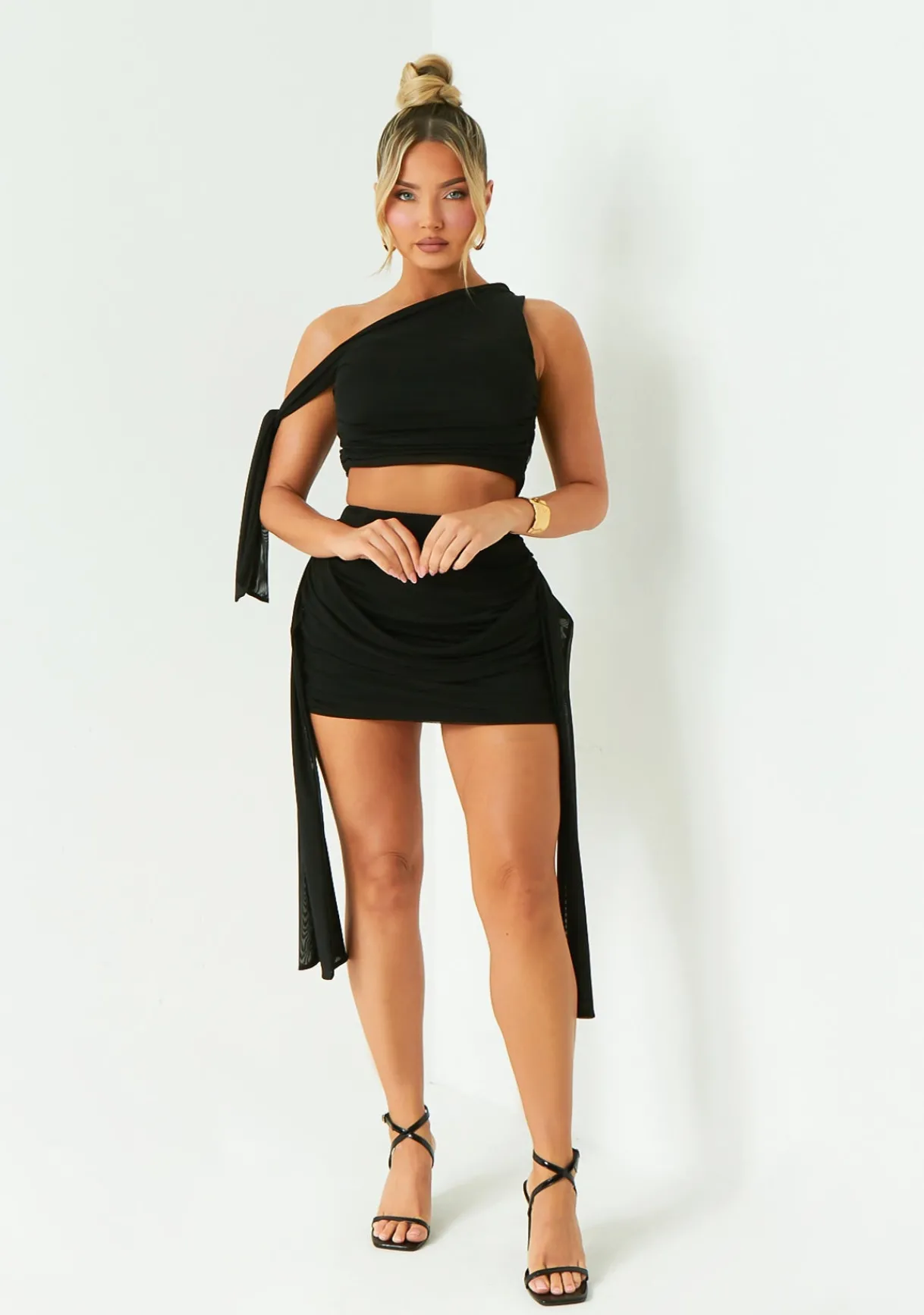 The Party Edit|Skirts*Missy Empire Elise Black Drape Detail Mesh Mini Skirt