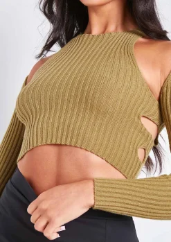 Rave Outfits|Concert Outfits*Missy Empire Elissa Khaki Ribbed Knit Crop Cut Out Top With Bolero