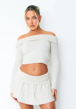 Tops|Knitwear*Missy Empire Ella Beige Ruched Fold Over Top