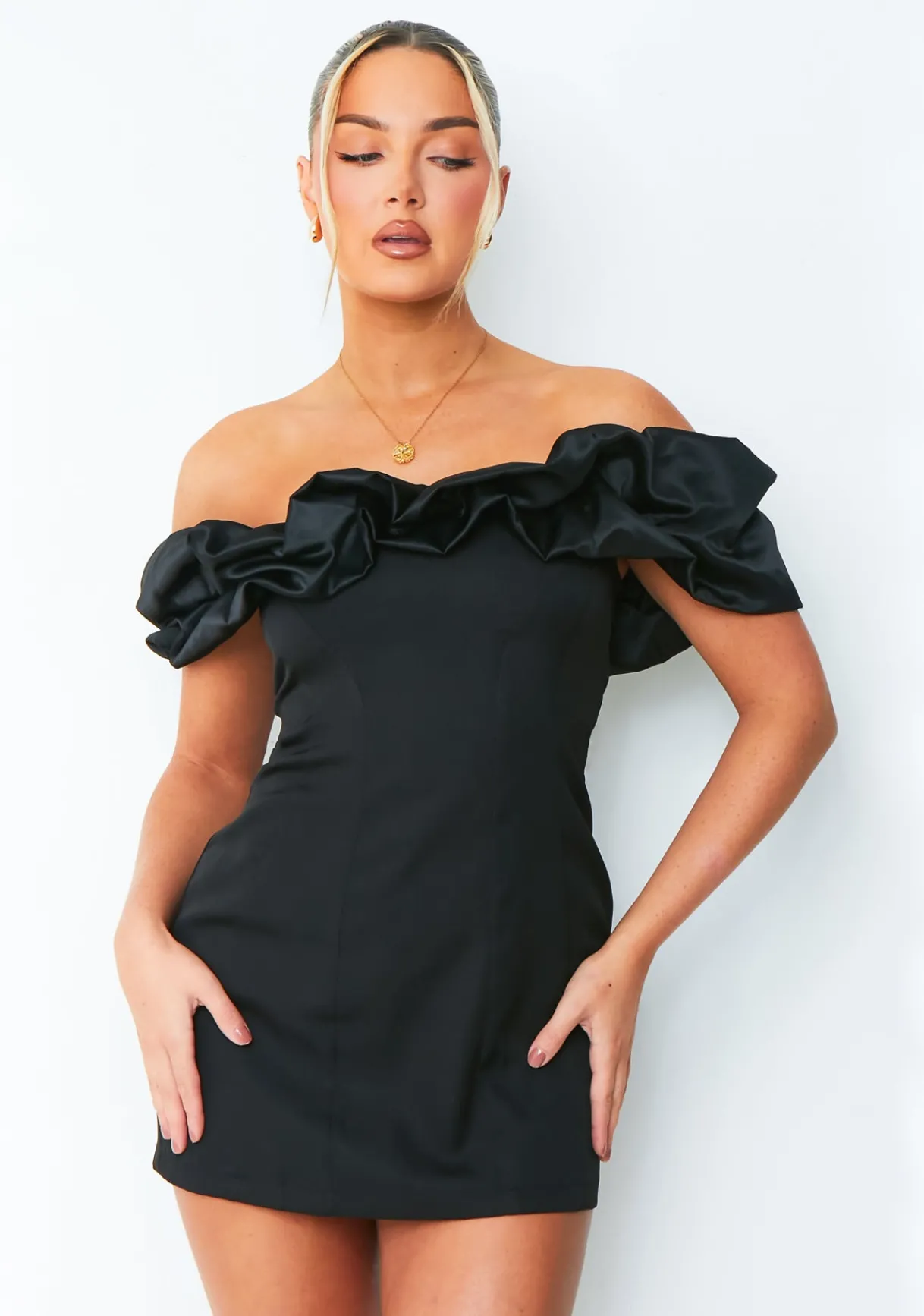 Little Black Dresses|Mini Dresses*Missy Empire Ella Black Bardot Off Shoulder Frill Mini Dress