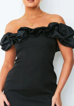 Little Black Dresses|Mini Dresses*Missy Empire Ella Black Bardot Off Shoulder Frill Mini Dress
