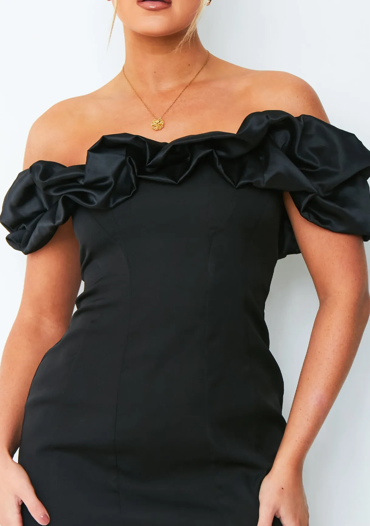 Little Black Dresses|Mini Dresses*Missy Empire Ella Black Bardot Off Shoulder Frill Mini Dress