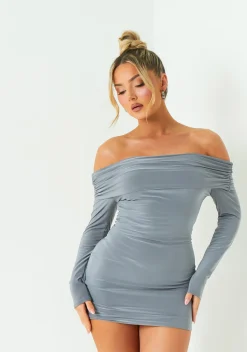 Mini Dresses|Party Dresses*Missy Empire Elle Charcoal Fold Down Long Sleeve Bardot Dress