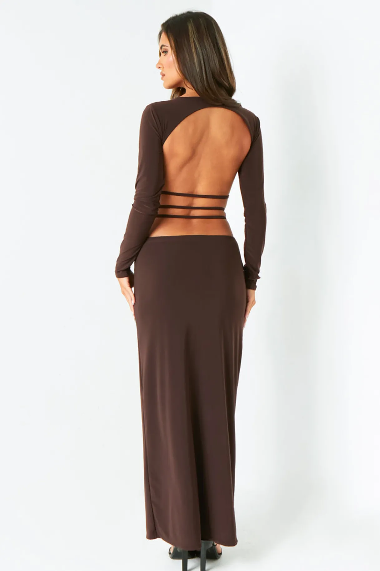 The Party Edit|Maxi Dresses*Missy Empire Ellen Chocolate Cut Out Back Slinky Maxi Dress