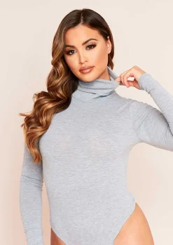 Tops|Bodysuits*Missy Empire Elli Basic Jersey Roll Neck Bodysuit Grey