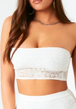 Rave Outfits|Concert Outfits*Missy Empire Ellie Ivory Lace Bandeau Crop Top White