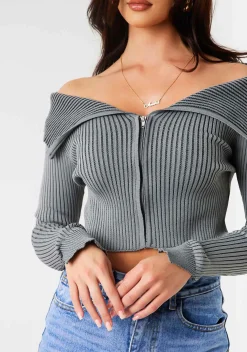 Tops*Missy Empire Elora Grey Knit Folded Zip Through Top
