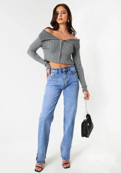 Tops*Missy Empire Elora Grey Knit Folded Zip Through Top