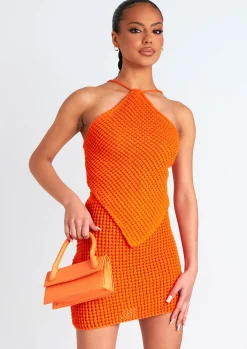 Concert Outfits|Tops*Missy Empire Emma Tie Back Knitted Pointed Hem Crop Top Orange