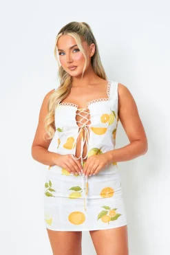 Tops|Co-Ords*Missy Empire Erin Lemon Print Lace Up Front Sleeveless Top
