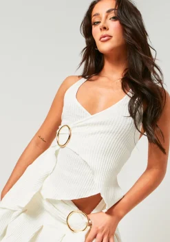 Concert Outfits|Tops*Missy Empire Eryn Cream Textured Ring Asymmetric Halterneck Top