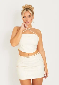 Tops|Co-Ords*Missy Empire Everlee Cream PU Halter Neck Cropped Corset