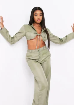 Co-Ords|Blazers*Missy Empire Everly Khaki Tie Front Bust Detail Cropped Blazer Co-ord