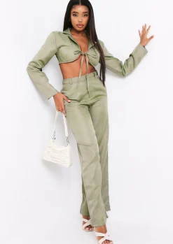 Co-Ords|Blazers*Missy Empire Everly Khaki Tie Front Bust Detail Cropped Blazer Co-ord