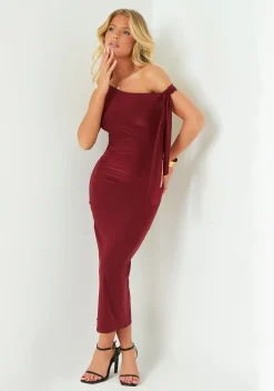 The Party Edit|Midi Dresses*Missy Empire Everlyn Wine Tie Shoulder Super Soft Midi Dress Red