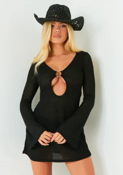 Rave Outfits|Little Black Dresses*Missy Empire Evie Black Fluted Sleeve Knit Dress