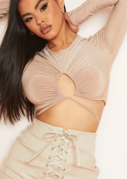 Tops*Missy Empire Faith Beige Slinky Ruched Front Tie Waist Crop Top