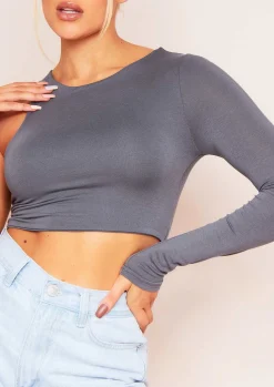 Tops*Missy Empire Farah Slate Grey Double Thickness One Sleeve Racer Crop Top