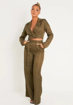 Trousers|Co-Ords*Missy Empire Farrah Khaki Tailored Belted Trousers