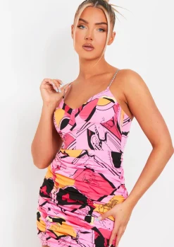 Rave Outfits|Mini Dresses*Missy Empire Fatima Pink Abstract Printed Ruched Chain Strap Mini Dress